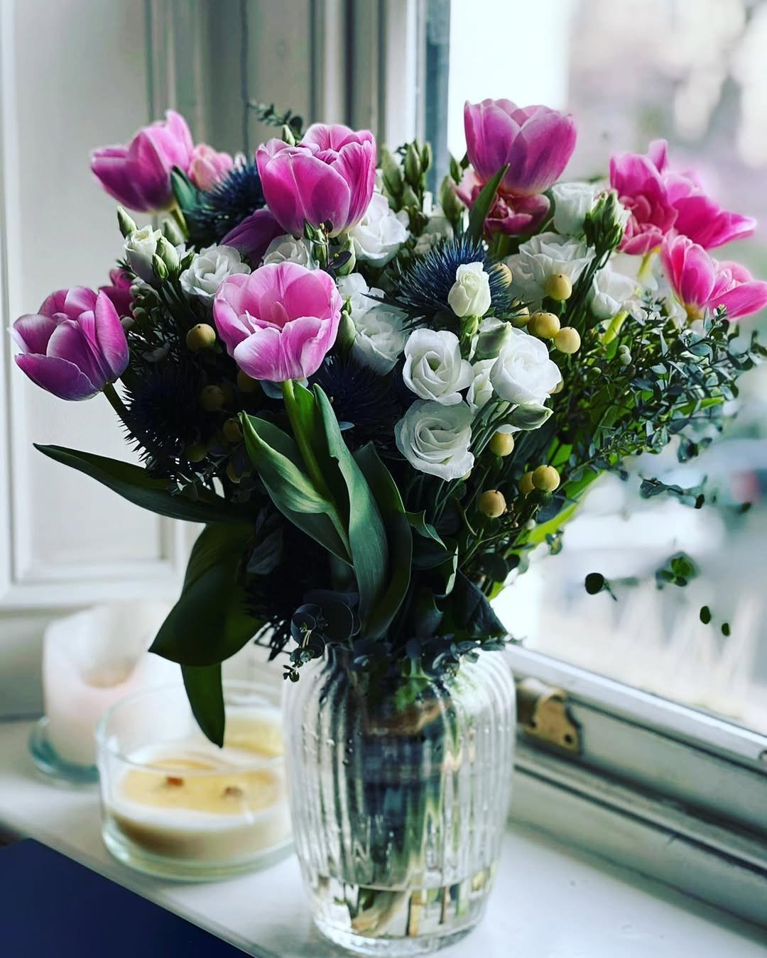 Purple and white floral vase arrangement at our Gurnee Flower Shop.
