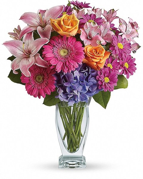 Bright mixed floral bouquet in clear vase from Gurnee flower sho