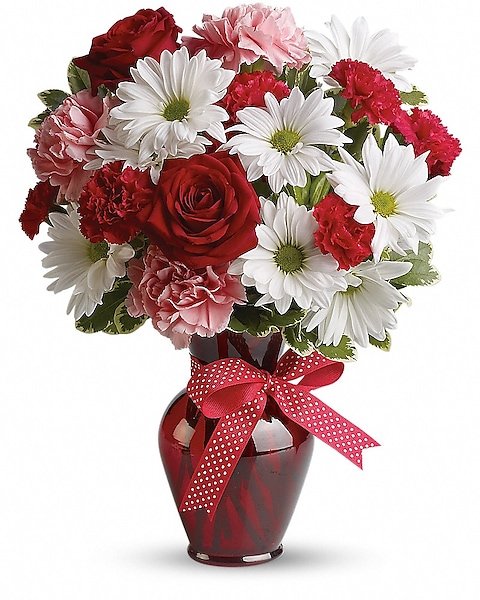 Red roses and white daisy floral arrangement from florist in Grayslake IL