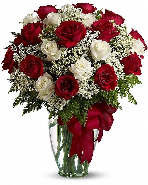 Red and white rose floral arrangement with ribbon from Gurnee flower shop
