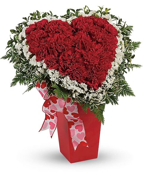 Heart-shaped red carnation bouquet with ribbon, available for delivery Vernon Hills IL