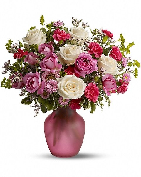 Pink and white rose floral arrangement in vase from Gurnee flower shop