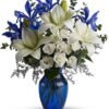 Blue lilies and white roses in a vase, perfect for flower delivery Waukegan IL