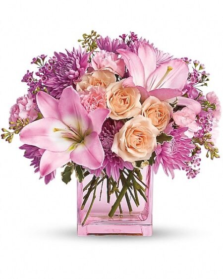 Pink and white rose arrangement in a vase from florist in Waukegan IL