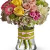 : Colorful rose and lily mixed flower arrangement in pink vase