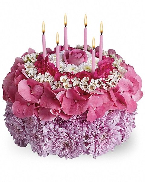Floral birthday cake arrangement with pink hydrangeas from Gurnee flower shop
