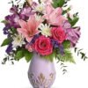 Purple and pink lily and rose floral bouquet from Gurnee flower shop