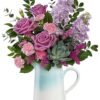 Pink roses and succulent arrangement in a white jug for flower delivery Vernon Hills IL