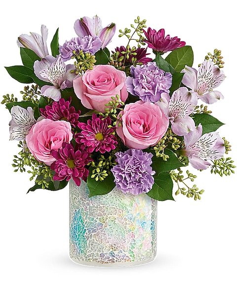 Purple and pink floral arrangement with roses, available for delivery Waukegan IL