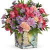 Purple and pink floral arrangement with roses and daisies for flower delivery Waukegan IL