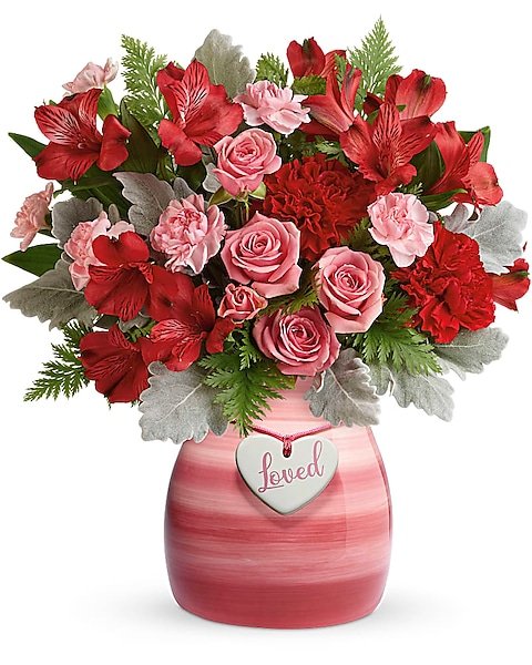 Red and pink rose bouquet arranged by florist in Grayslake IL