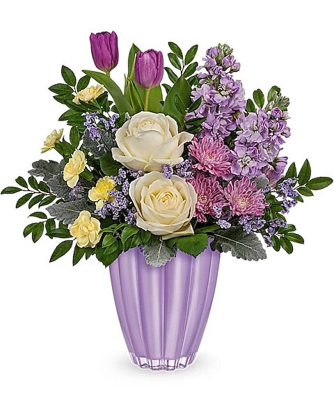 Mixed purple and pastel floral bouquet in vase for flower delivery Vernon Hills IL
