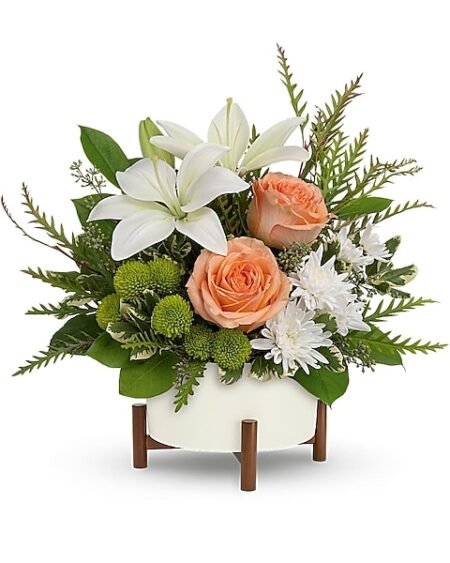 White lilies and peach roses floral arrangement from Gurnee florist