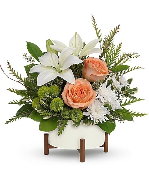 White lilies and peach roses floral arrangement from Gurnee florist