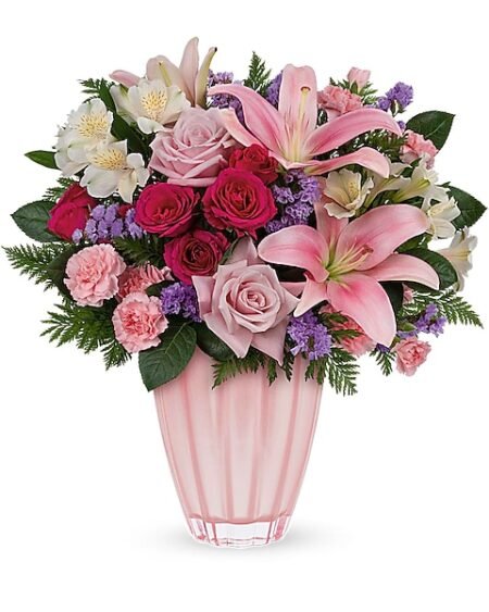 Pink lilies and roses mixed floral arrangement from Gurnee flower shop
