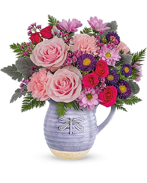 Pink rose and mixed flower arrangement in ceramic vase from florist in Vernon Hills IL