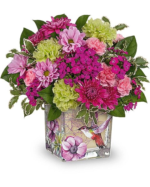 Purple and pink mixed floral bouquet with vase available for flower delivery Grayslake IL