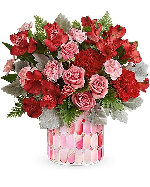 Red rose floral arrangement in clear vase from florist in Grayslake IL