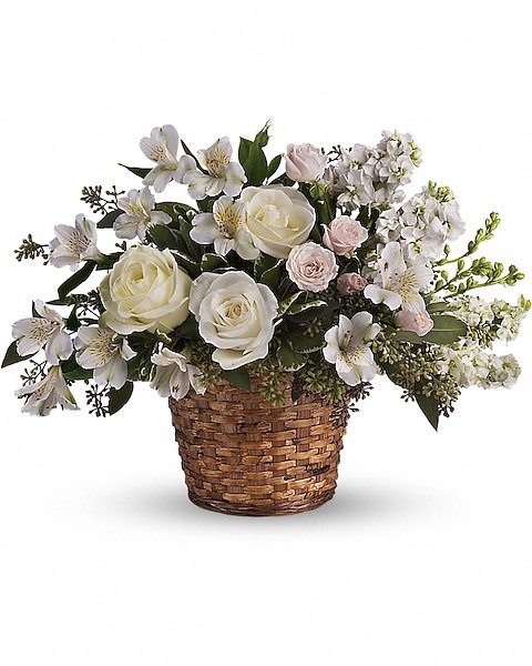 White and cream rose arrangement in basket for flower delivery Waukegan IL
