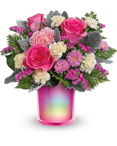 Pink rose and purple flower bouquet available for flower delivery Vernon Hills IL