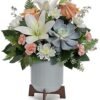 Pastel roses and white lilies bouquet in blue vase for delivery Vernon Hills IL