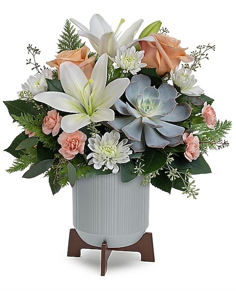 Pastel roses and white lilies bouquet in blue vase for delivery Vernon Hills IL