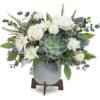White rose and succulent floral bouquet in a metal vase from Gurnee flower shop