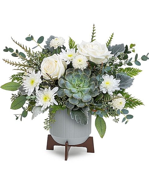 White rose and succulent floral bouquet in a metal vase from Gurnee flower shop