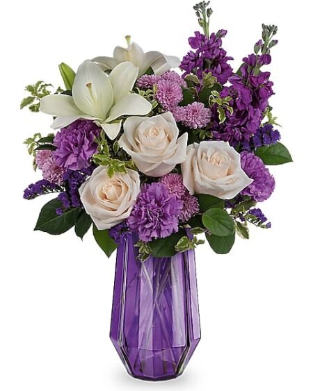 White roses and purple flowers mixed bouquet from florist in Waukegan IL