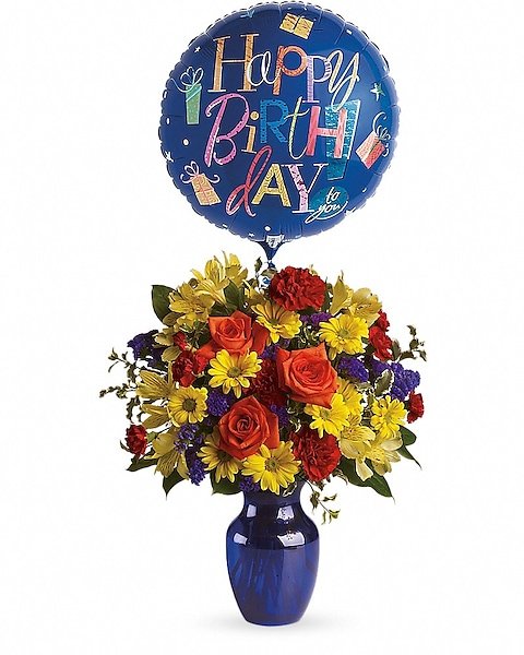 Birthday floral arrangement with balloon available for flower delivery Gurnee