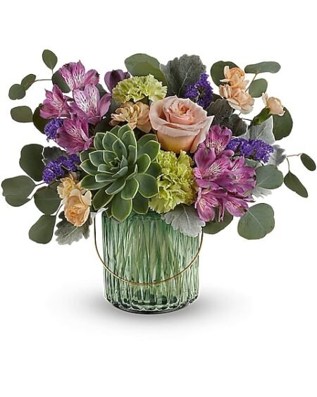 Mix orchids arranged in a green square vase, available for delivery in Gurnee IL