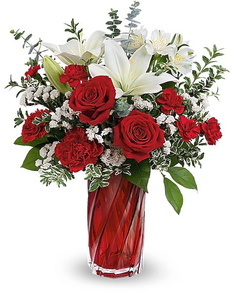 : Red roses and greenery floral arrangement from Gurnee flower shop