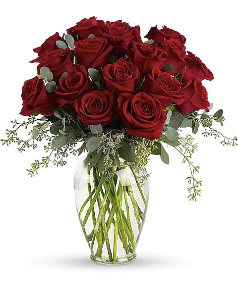Classic red rose bouquet in glass vase from the best florist in Gurnee IL