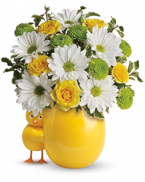 Yellow and white floral arrangement in a pink box, perfect for flower delivery Vernon Hills