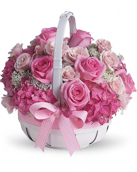 White roses and baby’s breath bouquet with ribbon available for flower delivery Vernon Hills IL