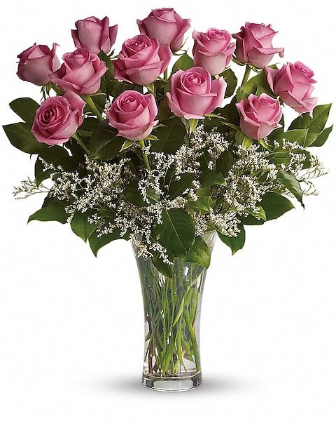 Pink roses with baby’s breath floral arrangement from florist in Grayslake IL