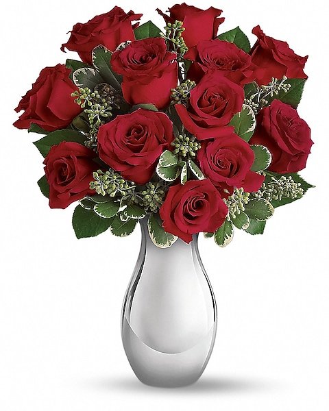 Classic red rose bouquet arranged in white vase from Gurnee flower shop
