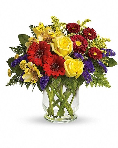 Red, yellow, and pink floral bouquet from florist in Grayslake IL