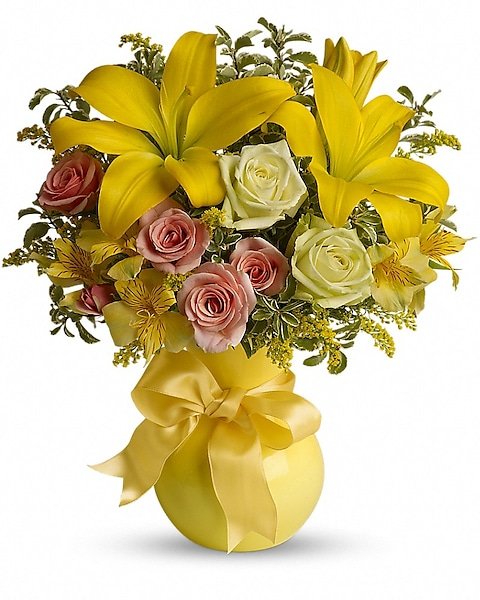 Yellow lily and pastel rose bouquet available for flower delivery Vernon Hills IL