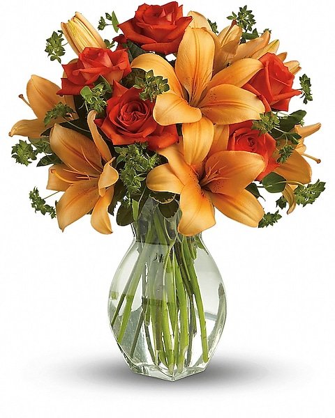Orange lilies and roses floral arrangement from florist in Grayslake IL