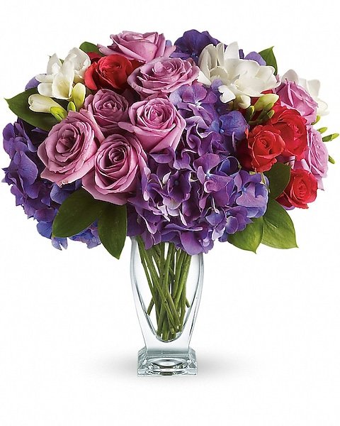 Lavender and red rose floral arrangement from Gurnee florist