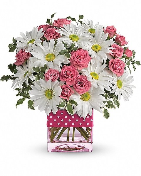 Bright mixed floral arrangement in vase, available for flower delivery Waukegan IL