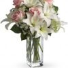 White rose and lily arrangement in gold vase available for flower delivery Vernon Hills