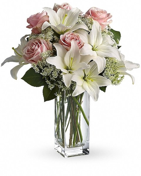 White rose and lily arrangement in gold vase available for flower delivery Vernon Hills