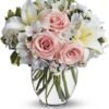 Pink and white mixed flower bouquet tied with ribbon