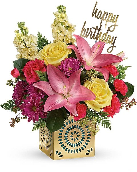 Birthday bouquet with pink lilies available for flower delivery Grayslake