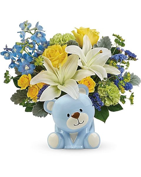 Blue and pink floral bouquet with teddy bear from florist in Vernon Hills IL