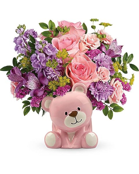 Pink teddy bear with yellow roses, available for delivery in Waukegan IL