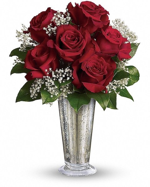 Red rose floral arrangement in silver vase from Gurnee flower shop