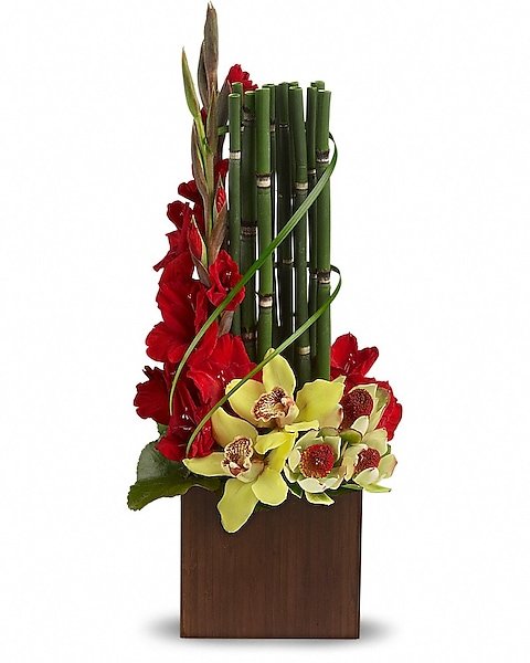Vertical red rose and orchid floral arrangement from florist in Grayslake IL